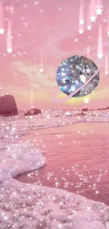 Pink beach with sparkling diamond planet.