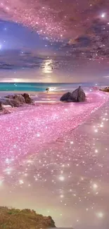 Pink beach under a sparkling night sky with stars.