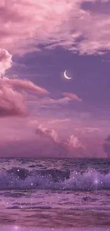 Dreamy pink beach night sky wallpaper with waves and crescent moon.