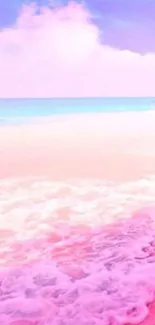 Dreamy pink beach scene with pastel waters.