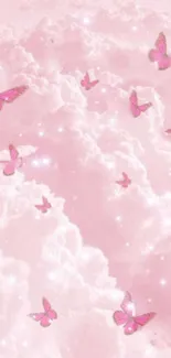 Mobile wallpaper with light pink clouds and butterflies.