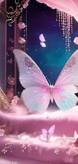 Mobile wallpaper with a pink butterfly in a dreamy fantasy setting.