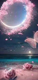 Pink butterfly and crescent moon over ocean with flowers.