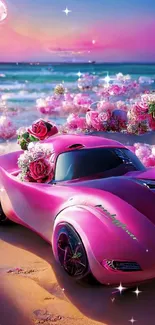 Pink car on sandy beach with flowers and ocean.