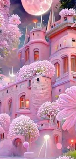 Fantasy pink castle with flowers under a glowing moon.