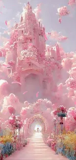 Dreamy pink castle surrounded by fluffy clouds and lush flora.