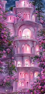 A dreamy pink castle amidst lush flowers with a moonlit sky.