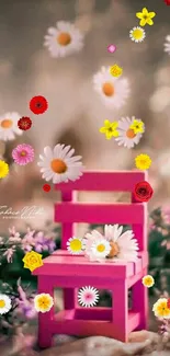 Pink chair with daisies and dreamy bokeh background.