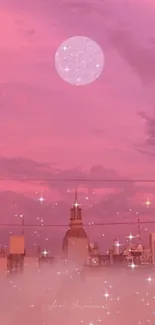 Dreamy pink cityscape with stars and a magical sunset sky.