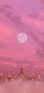 Dreamy pink cityscape with sparkling sky.