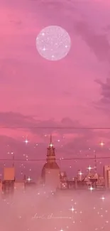 City skyline under a dreamy pink sunset sky with stars.