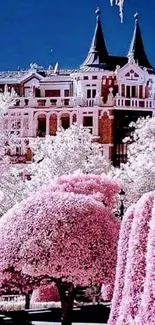 Enchanting pink cityscape with blossoms and majestic architecture.