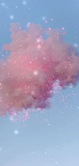 Pink cloud amidst a blue sky with sparkles, creating a dreamy effect.