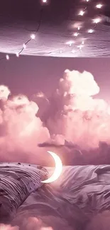 Dreamy pink cloud wallpaper with moon and lights.