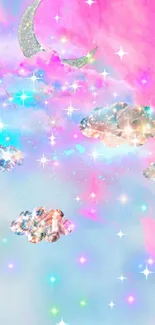 Dreamy pink and blue wallpaper with glittering clouds and crescent moon.