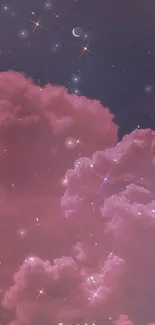 Dreamy pink clouds with stars and moon in night sky wallpaper.