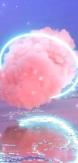 Dreamy pink cloud with neon halo on blue background.