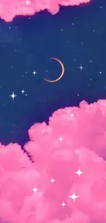 Pink clouds and crescent moon in starry night sky wallpaper.