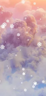 Pink clouds and white snowflakes create a dreamy mobile wallpaper background.