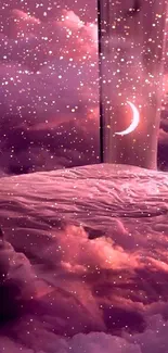 Dreamy pink cloud wallpaper with a crescent moon.