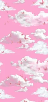 Pink wallpaper with clouds and butterflies.