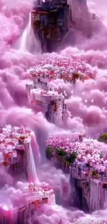 Dreamy pink clouds and floating islands wallpaper.