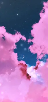 Dreamy pink clouds with night sky and crescent moon wallpaper.