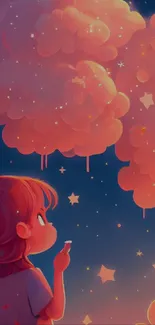 Cute character under pink clouds and stars in a fantasy wallpaper.