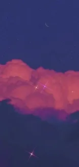 Dreamy pink clouds with stars in a navy night sky for mobile wallpaper.