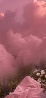 Dreamy pink clouds with a crescent moon and flowers.