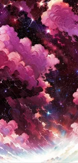 Dreamy artwork of pink clouds and starry sky for mobile wallpaper.