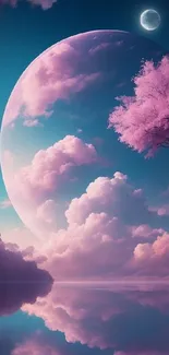 Dreamy pink clouds with a giant moon reflecting in calm water under a starry sky.