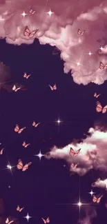 Dreamy wallpaper with pink clouds and butterflies against a starry night sky.