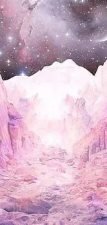 Fantasy celestial mountain with stars and moon in pink hues.