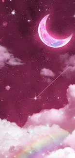 Dreamy pink sky with moon and clouds wallpaper.