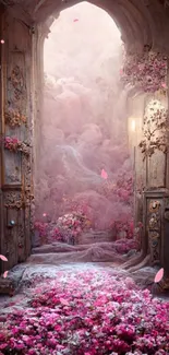 Dreamy pink doorway with floral pathway and misty background.