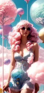 Whimsical pink fantasy art with pastel clouds and balloons in the sky.