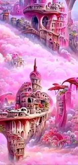 Fantasy cityscape with pink clouds and whimsical buildings.