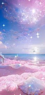 Dreamy pink fantasy landscape under a starry sky with serene ocean view.