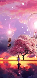 Dreamy pink landscape with light bulbs and cherry blossom tree.