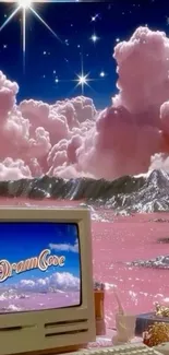 Retro fantasy scene with pink clouds and vintage computer.