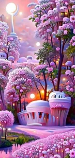 Dreamy pink fantasy landscape with blossoming trees and sunset glow.