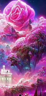 Dreamy pink fantasy landscape with giant rose.