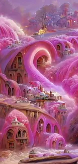 Dreamy pink fantasy landscape with whimsical architecture.