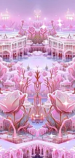 Dreamy pink fantasy wallpaper with enchanting roses and mystical architecture.