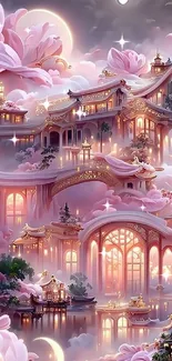 Dreamy pink fantasy wallpaper with glowing clouds and whimsical architecture.