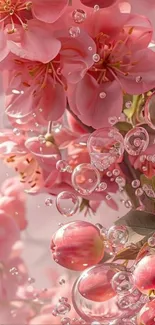 Dreamy pink floral wallpaper with bubbles.