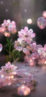 Pink flowers and glowing lights in a fantasy garden scene.