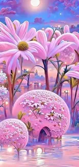 Dreamy landscape with giant pink flowers under a moonlit sky.