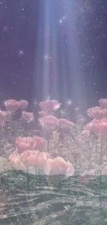 Dreamy pink flowers with light beams in a serene landscape.